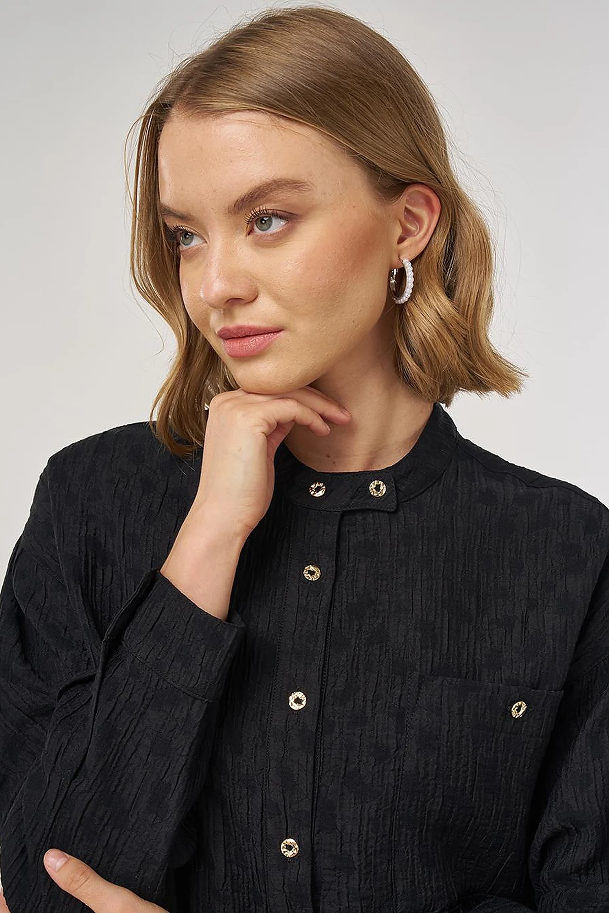 Mandarin Collar Lyocell Blouse Black