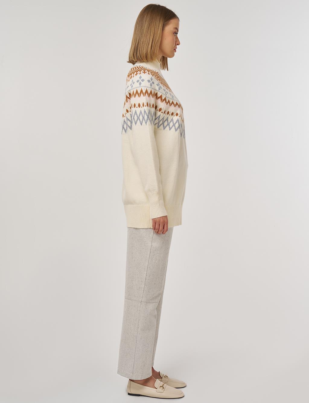 Turtleneck Patterned Knit Tunic Cream