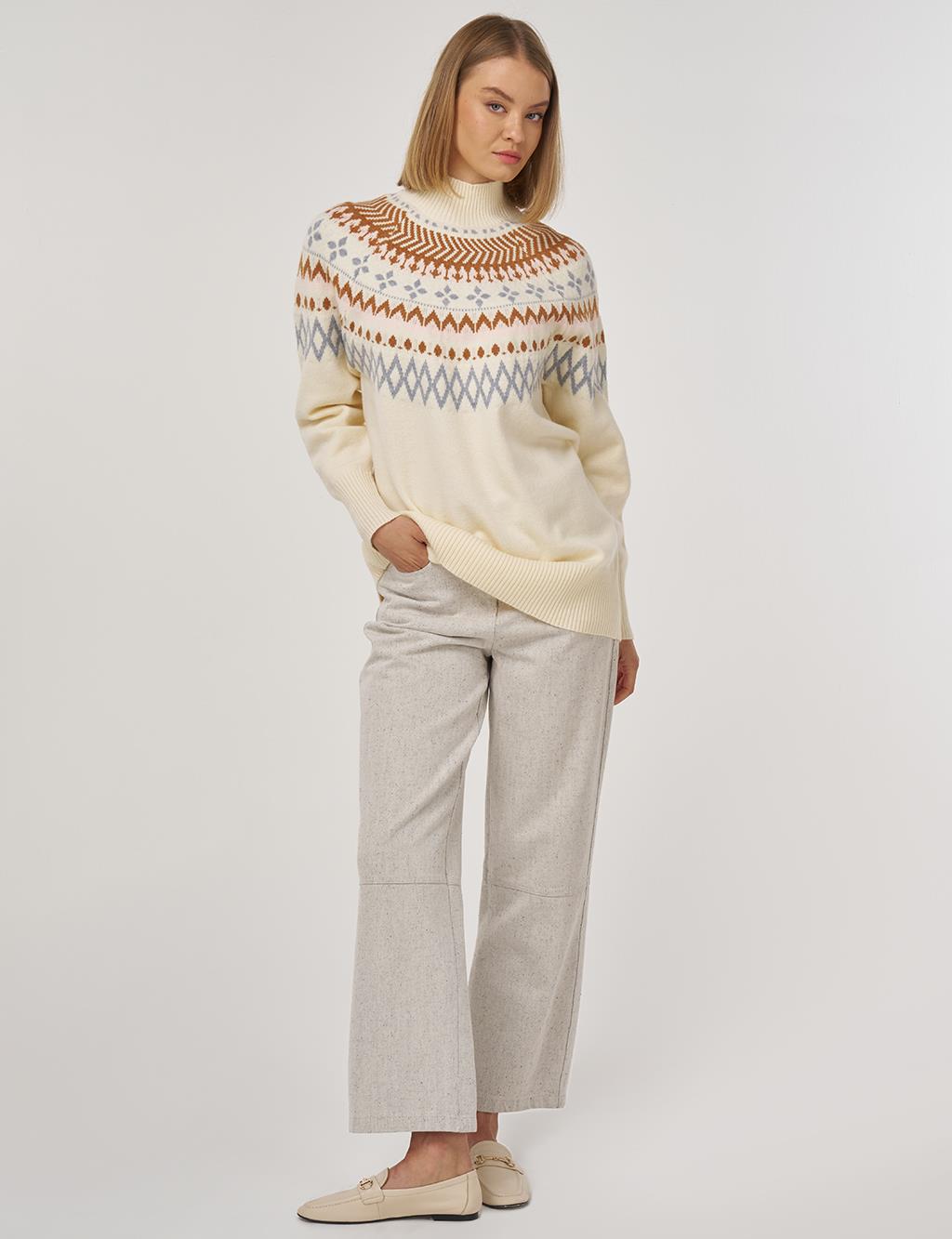 Turtleneck Patterned Knit Tunic Cream
