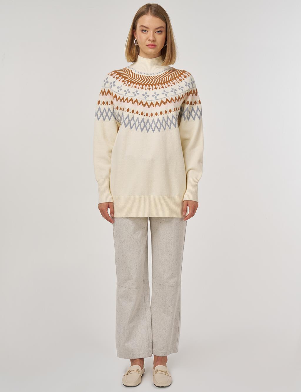 Turtleneck Patterned Knit Tunic Cream