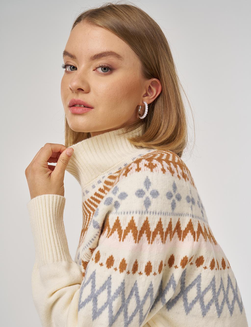 Turtleneck Patterned Knit Tunic Cream