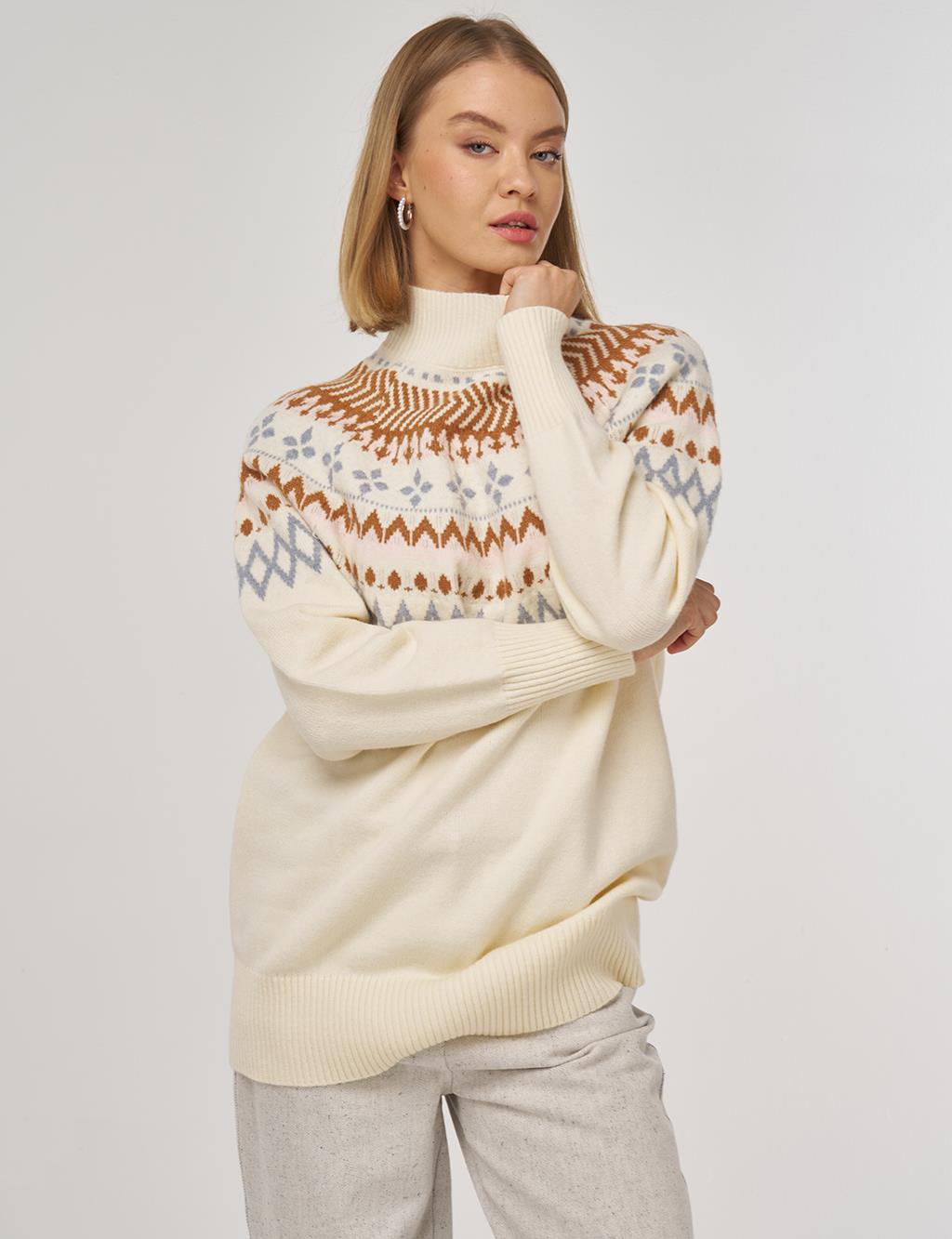 Turtleneck Patterned Knit Tunic Cream