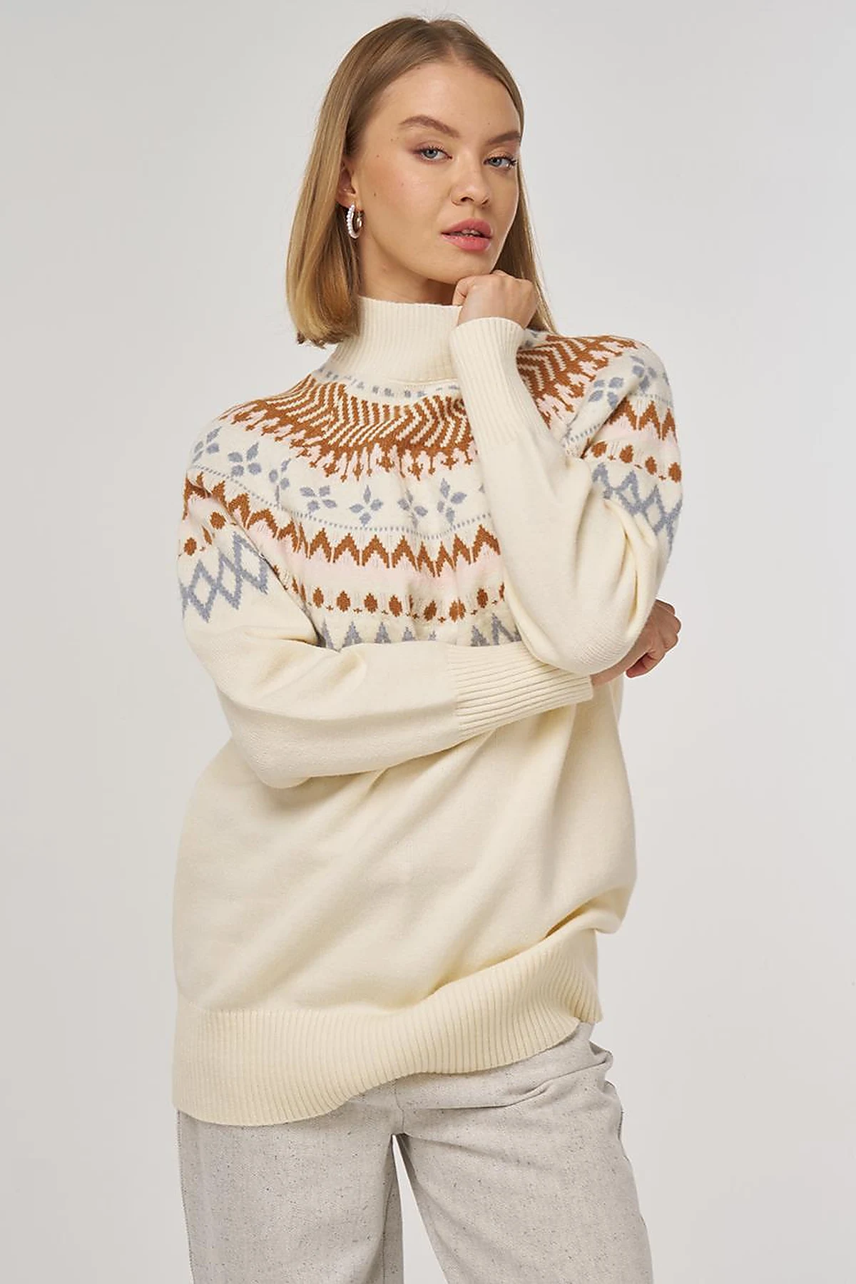 Turtleneck Patterned Knit Tunic Cream