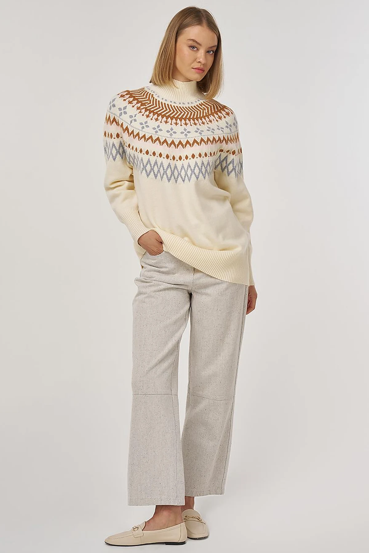 Turtleneck Patterned Knit Tunic Cream