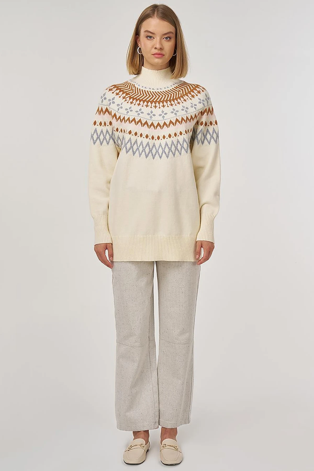 Turtleneck Patterned Knit Tunic Cream