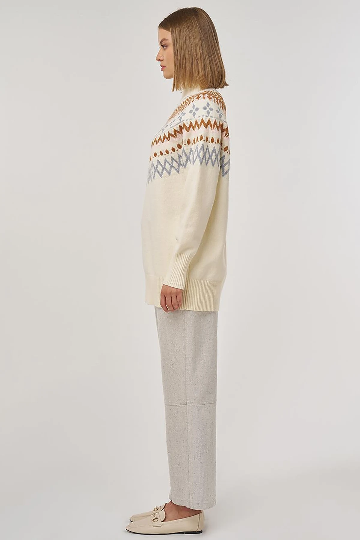 Turtleneck Patterned Knit Tunic Cream