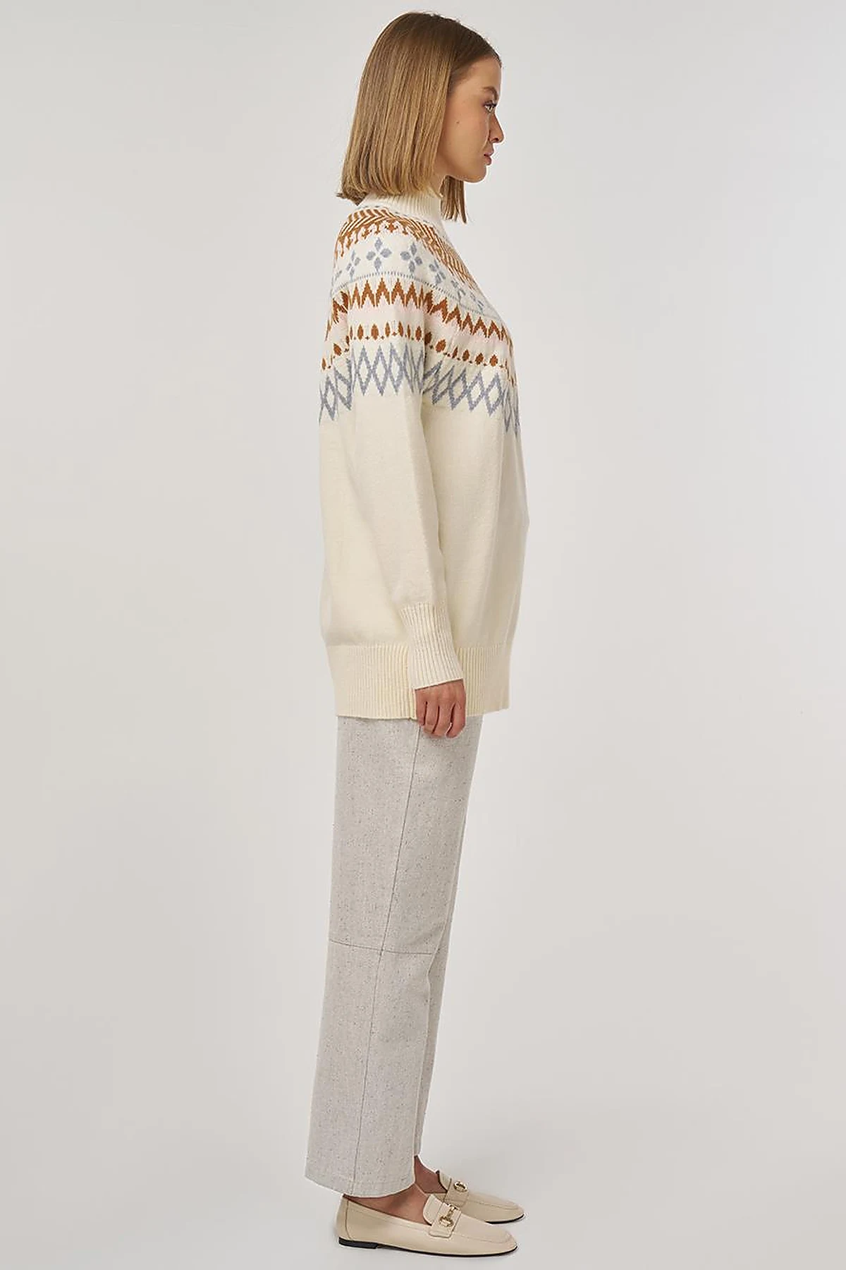 Turtleneck Patterned Knit Tunic Cream