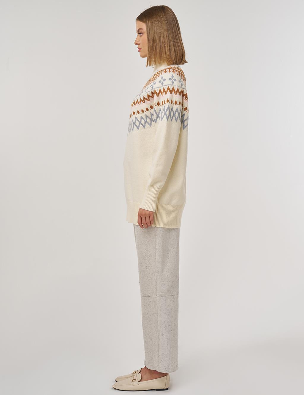 Turtleneck Patterned Knit Tunic Cream