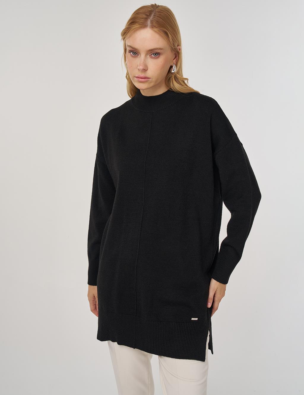 Dikiş Detaylı Triko Tunik Siyah