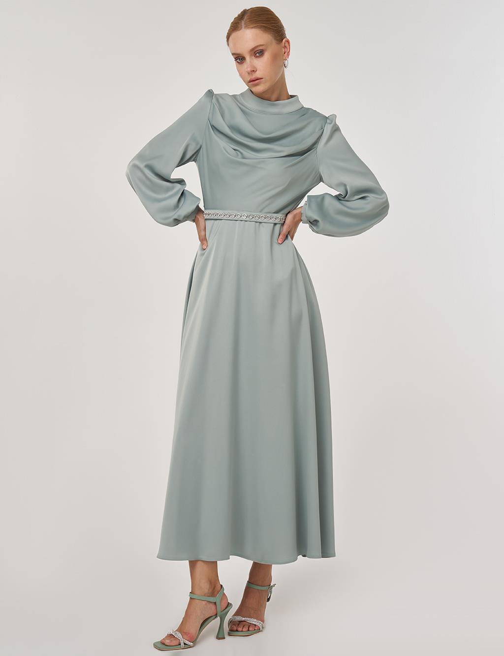 Drape Collar Satin Dress Ice Green