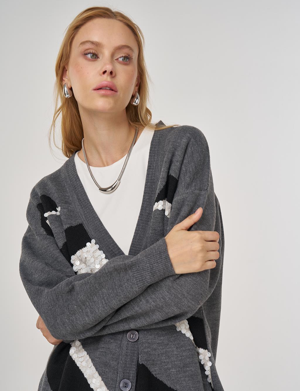 Color-Block Knit Cardigan Anthracite 