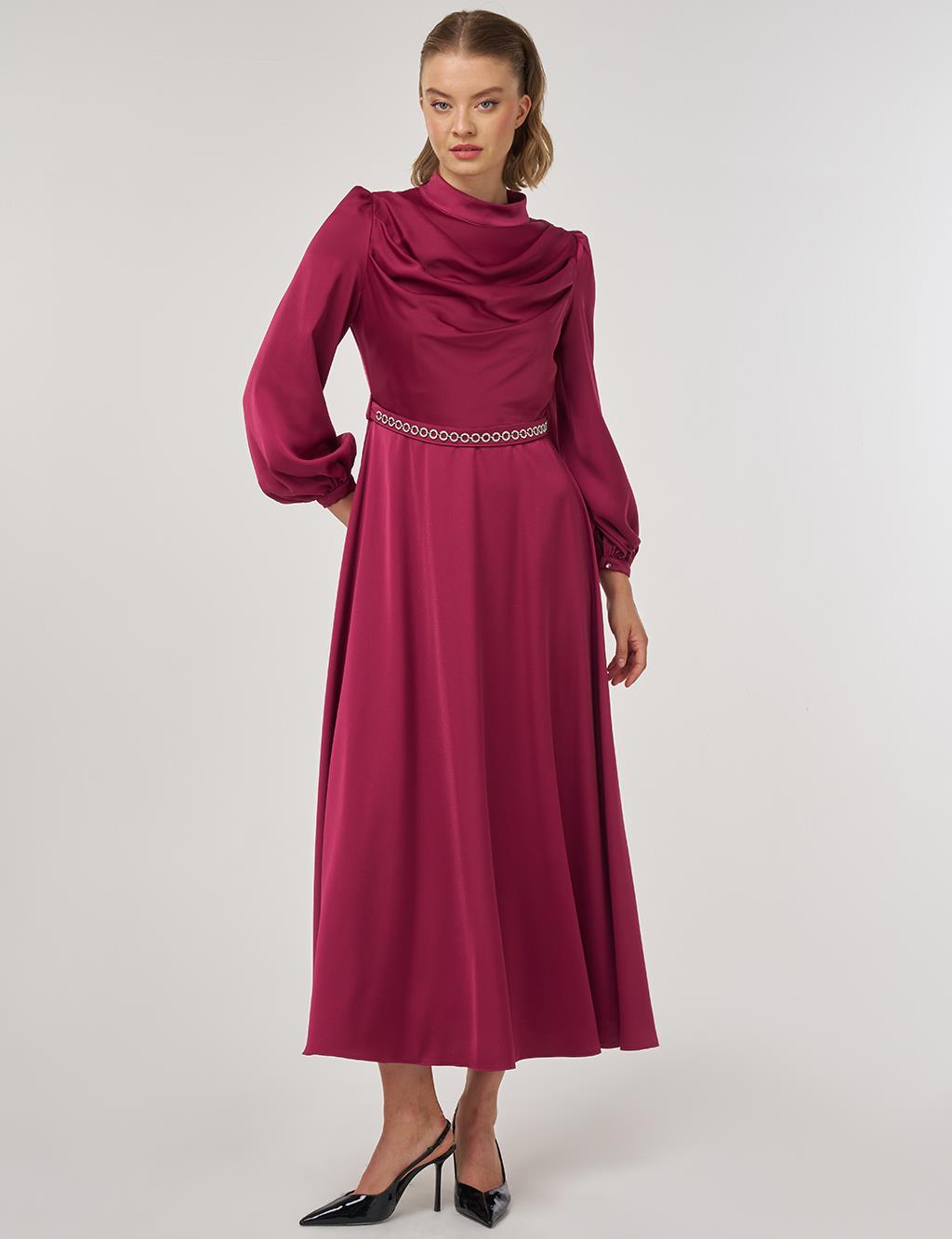 Drape Collar Satin Dress Cherry