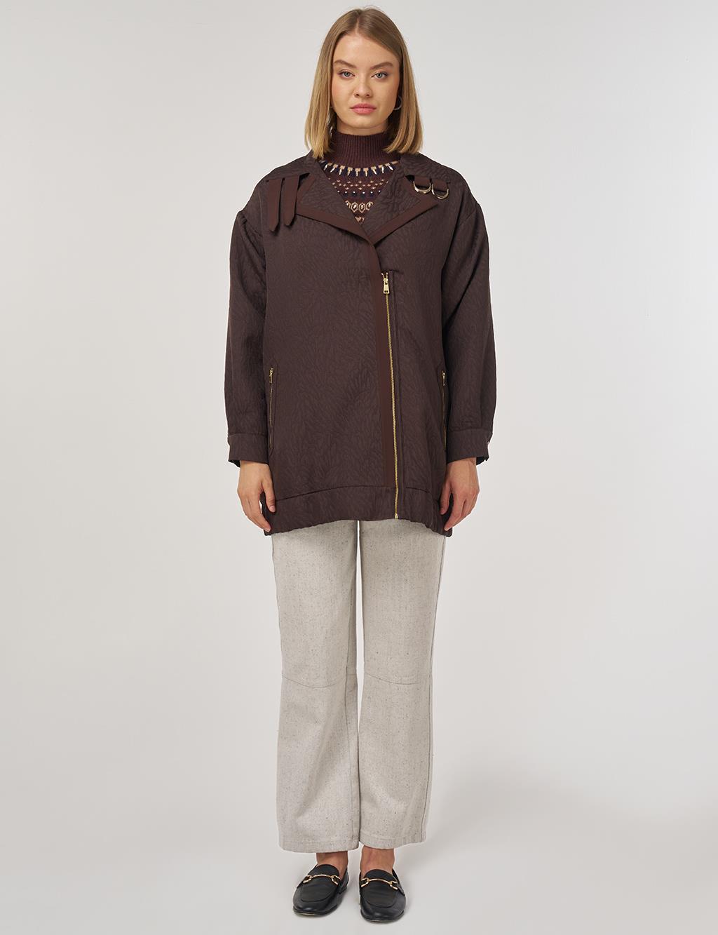 Geniş Yaka Gofreli Ceket Koyu Kahve