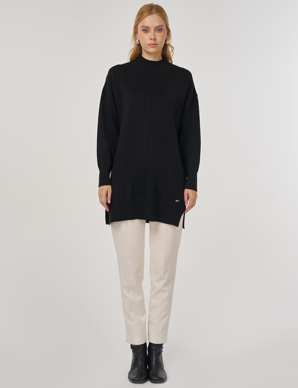 Dikiş Detaylı Triko Tunik Siyah