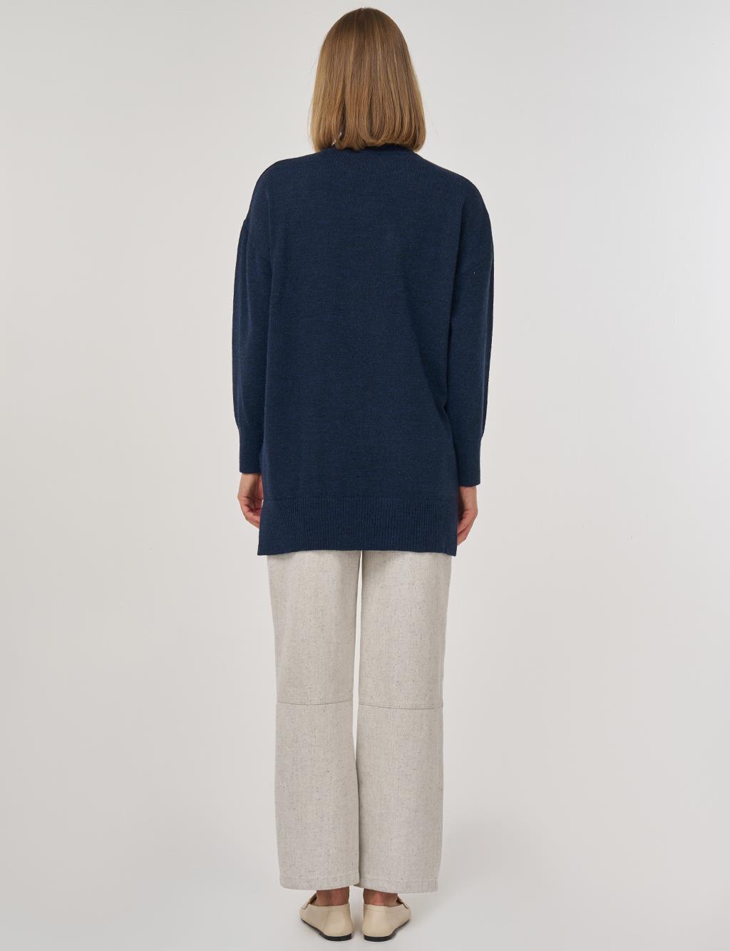 Dikiş Detaylı Triko Tunik Lacivert