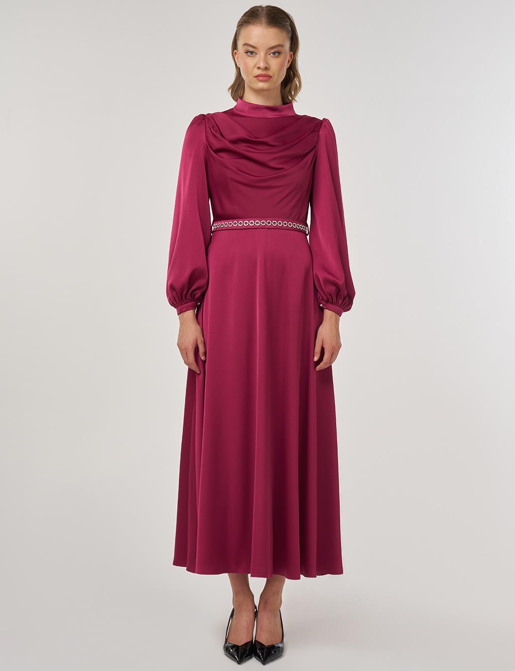 Drape Collar Satin Dress Cherry