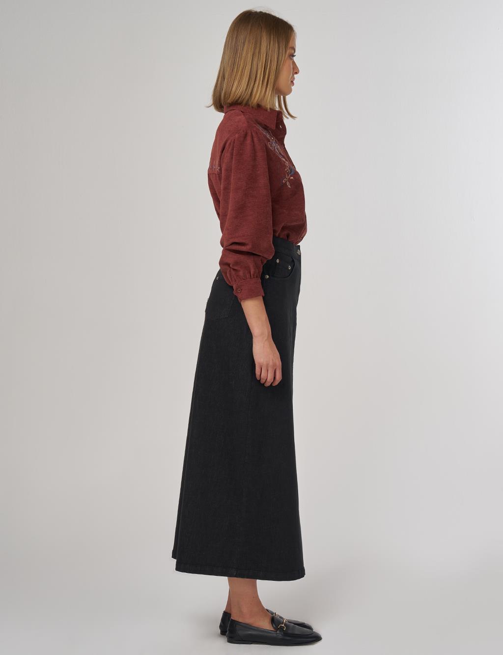 Slit Detailed Denim Skirt Black