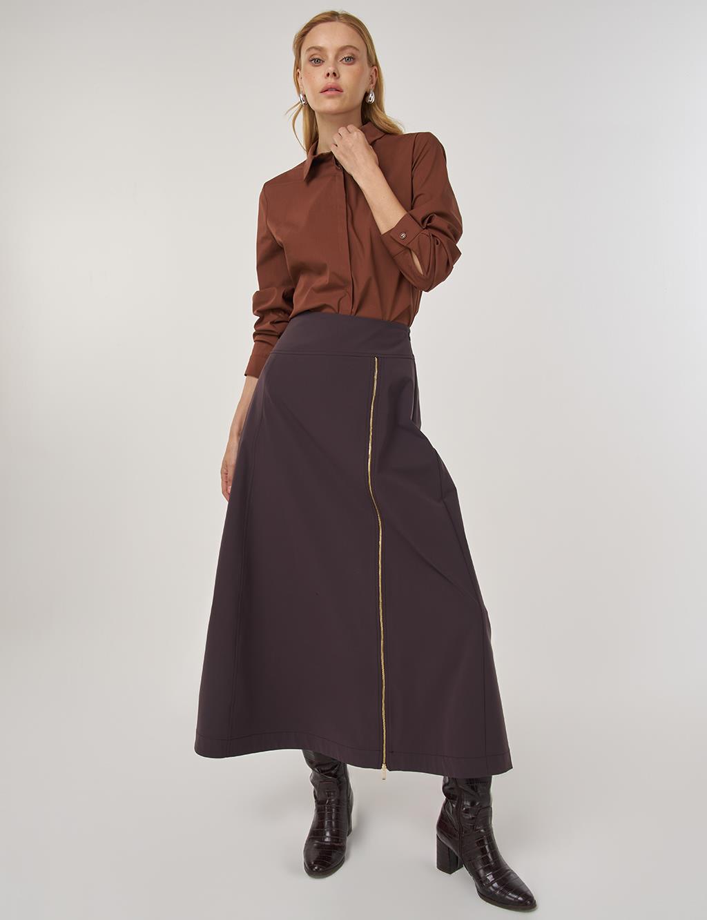 Fermuar Detaylı Çan Etek Koyu Kahve 