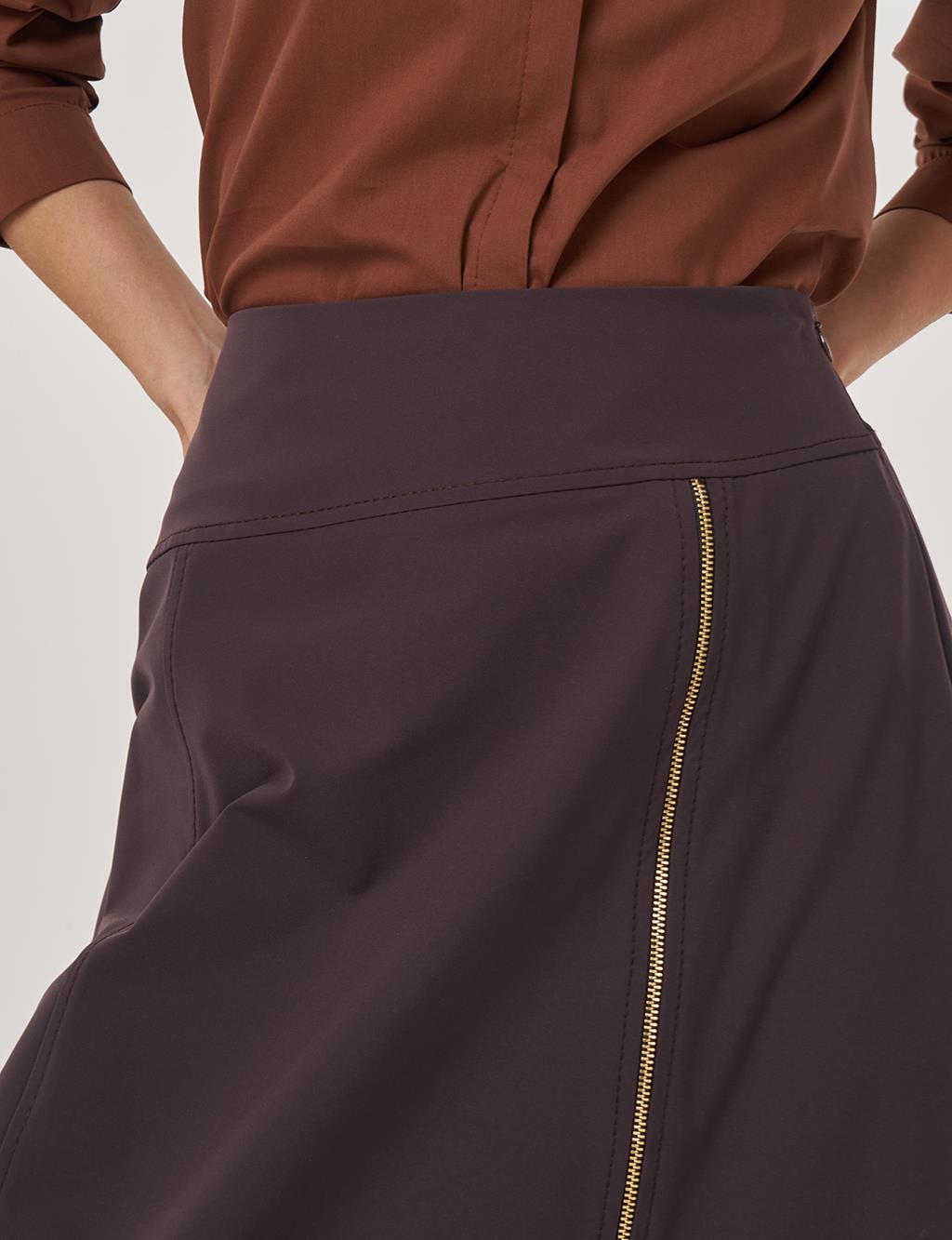 Fermuar Detaylı Çan Etek Koyu Kahve 