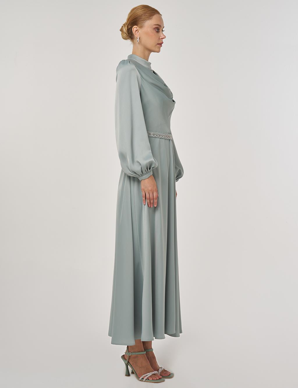 Drape Collar Satin Dress Ice Green