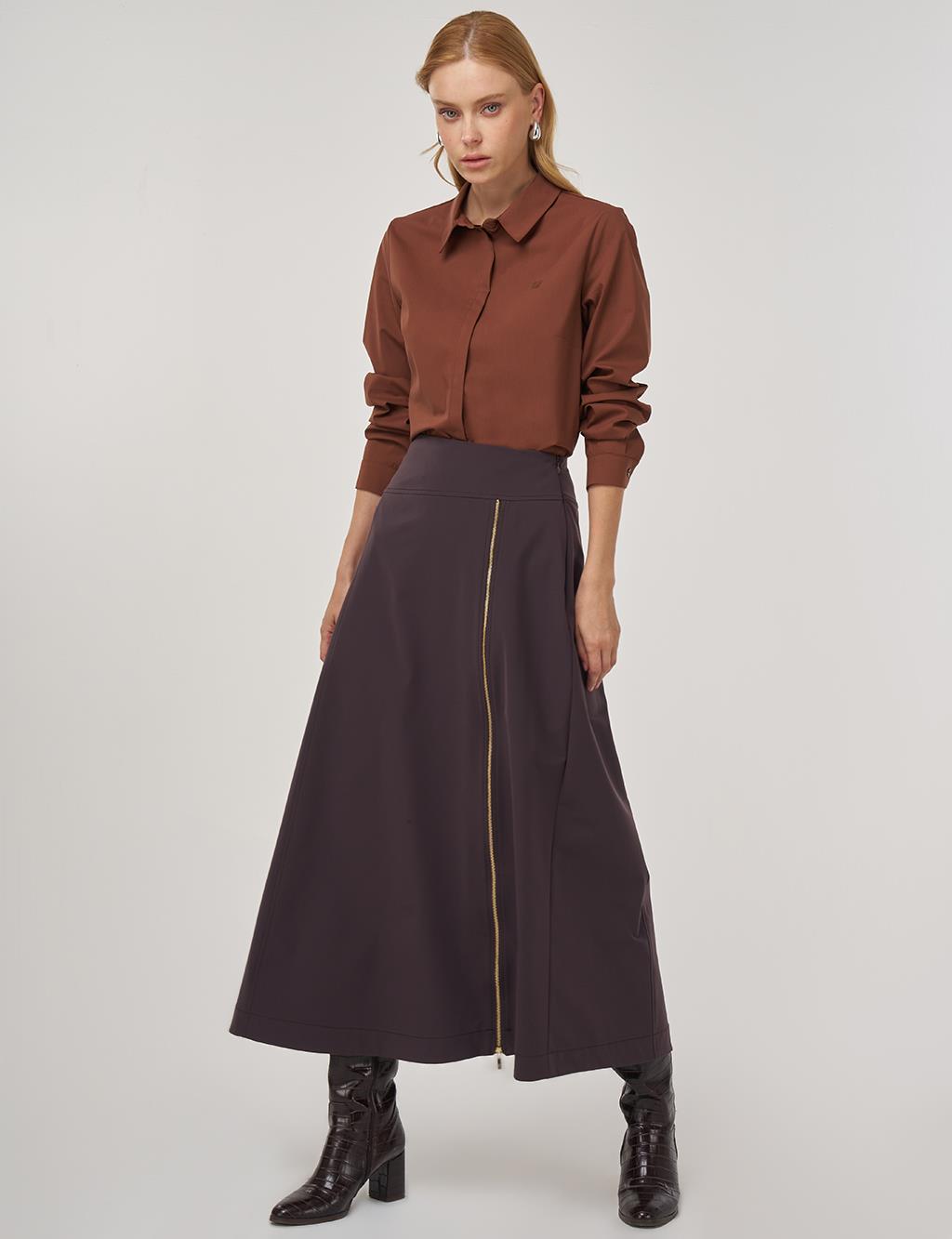 Fermuar Detaylı Çan Etek Koyu Kahve 