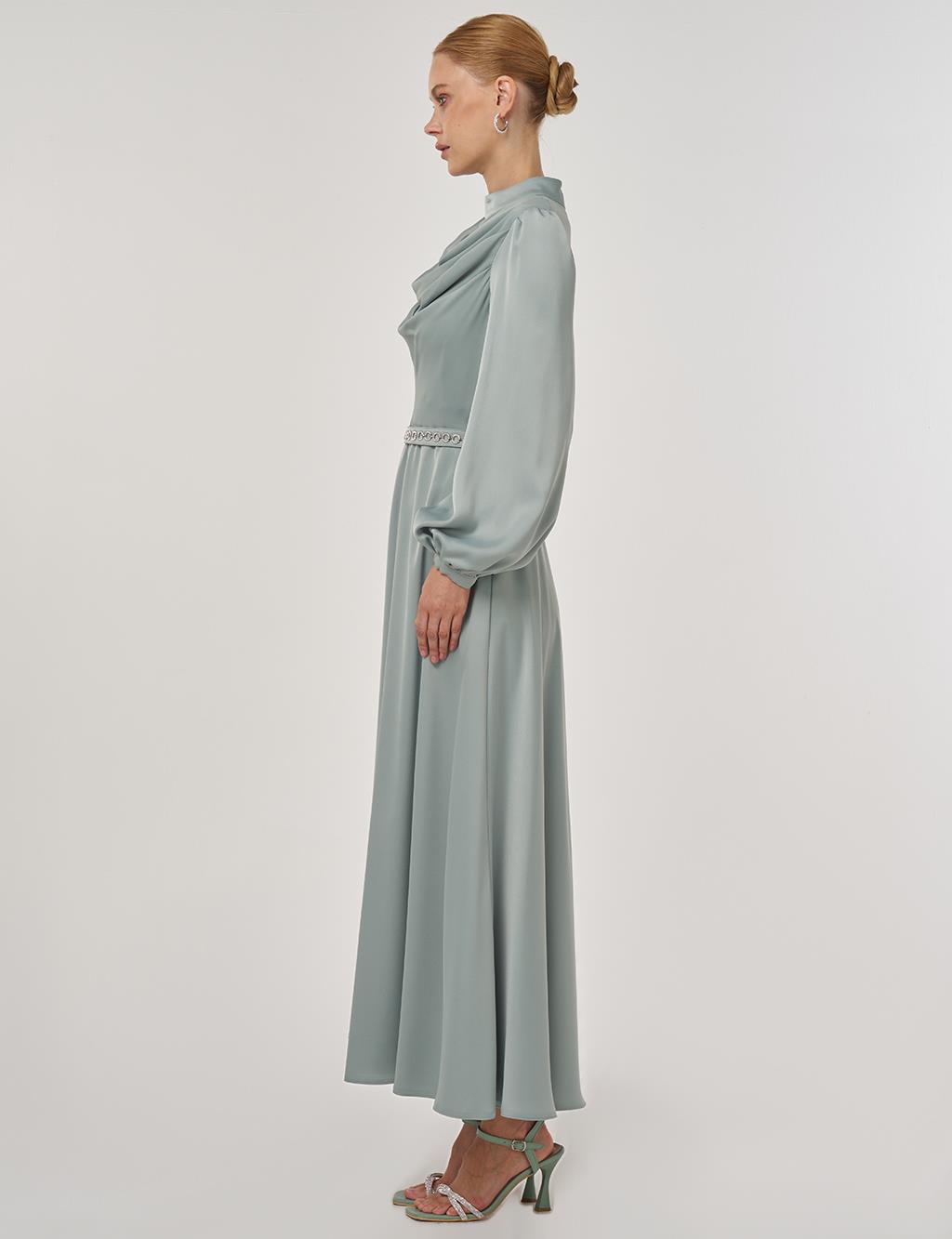 Drape Collar Satin Dress Ice Green