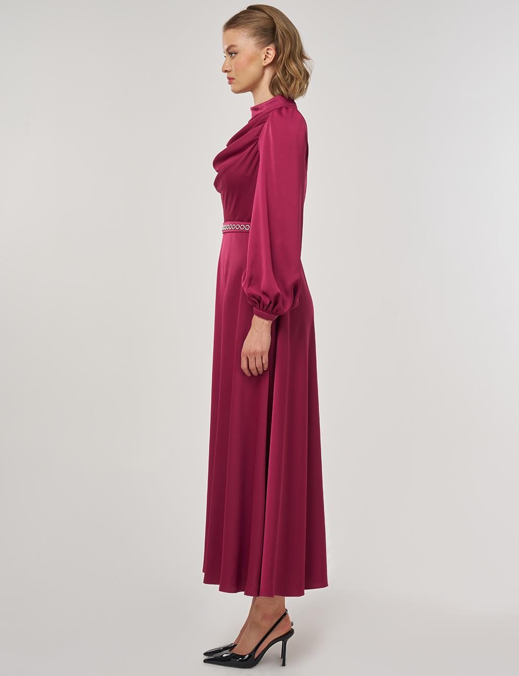 Drape Collar Satin Dress Cherry