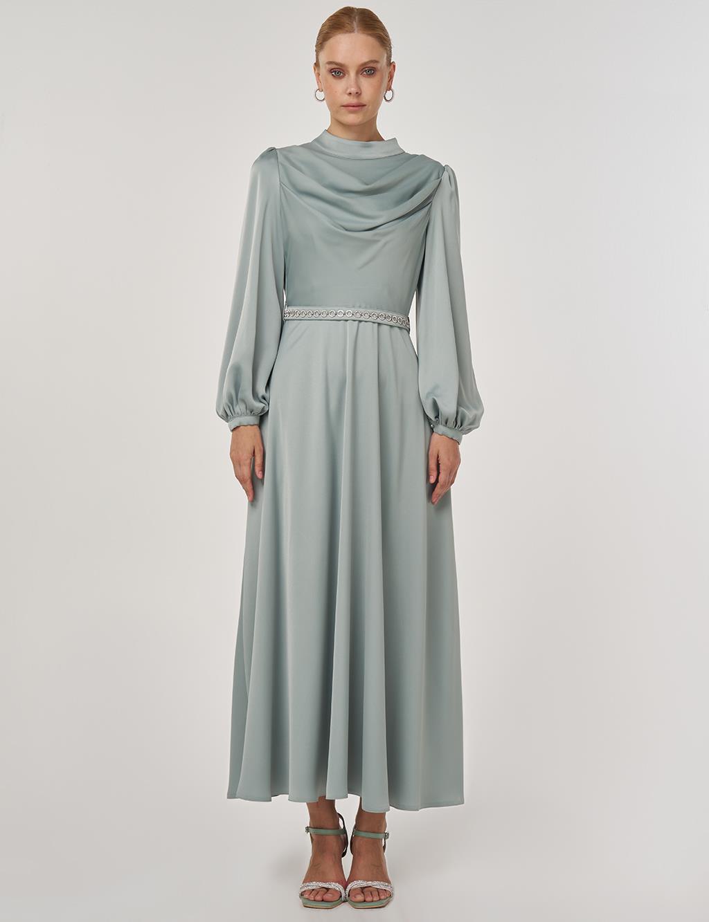 Drape Collar Satin Dress Ice Green