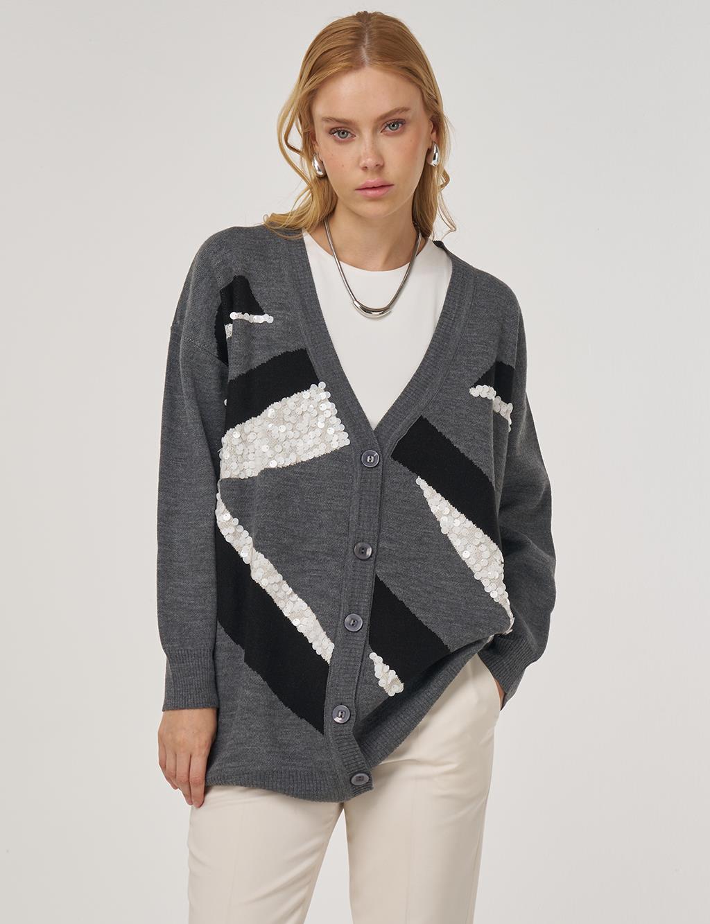 Color-Block Knit Cardigan Anthracite 