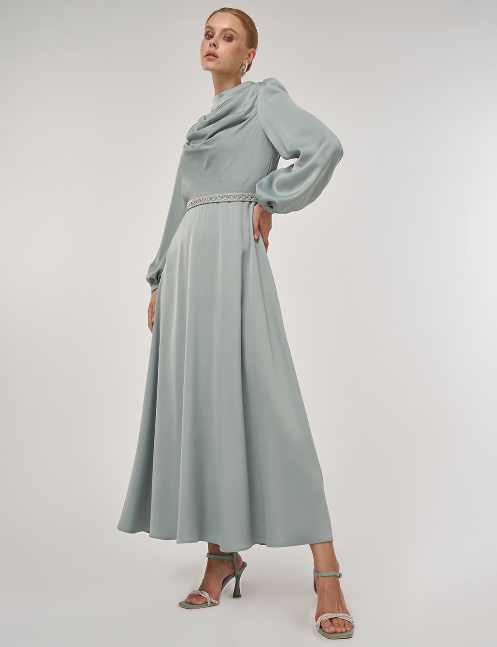 Drape Collar Satin Dress Ice Green