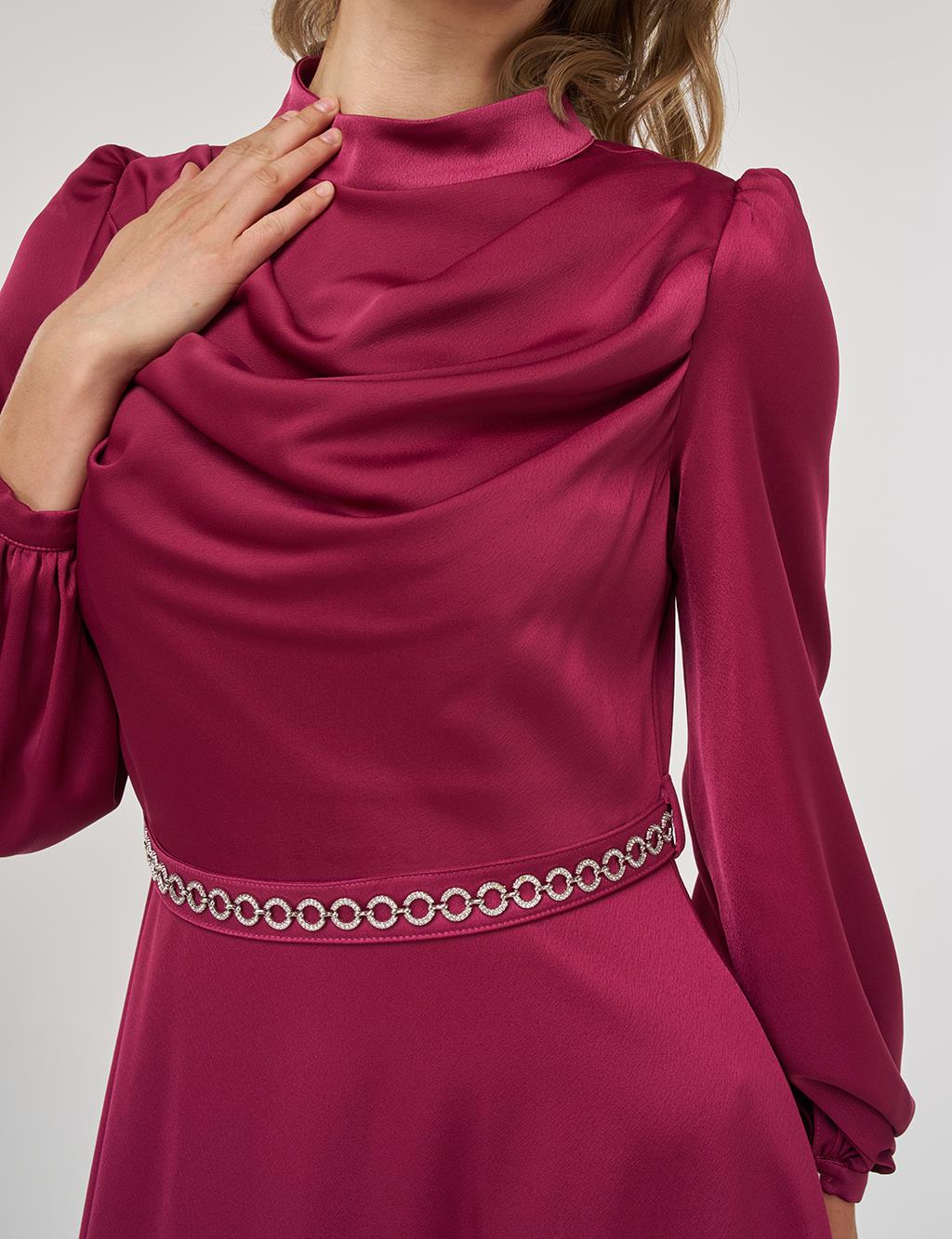 Drape Collar Satin Dress Cherry