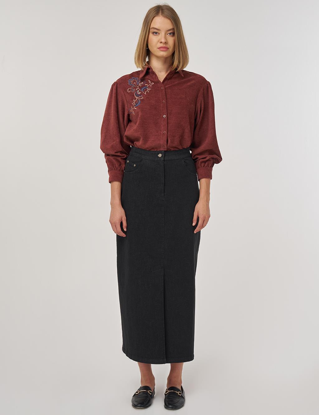 Slit Detailed Denim Skirt Black