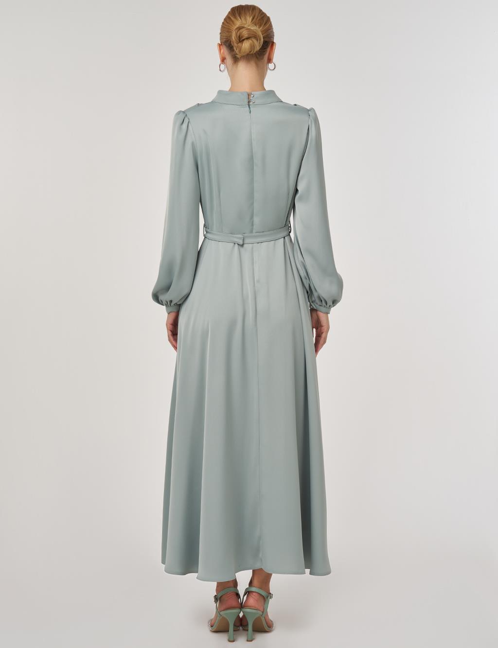 Drape Collar Satin Dress Ice Green