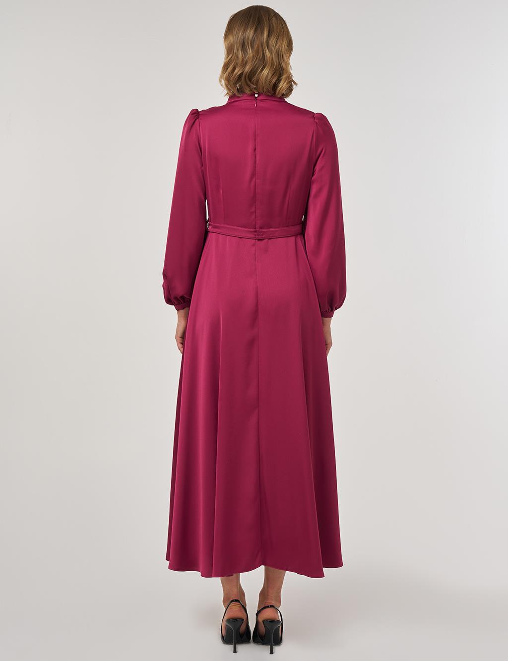 Drape Collar Satin Dress Cherry