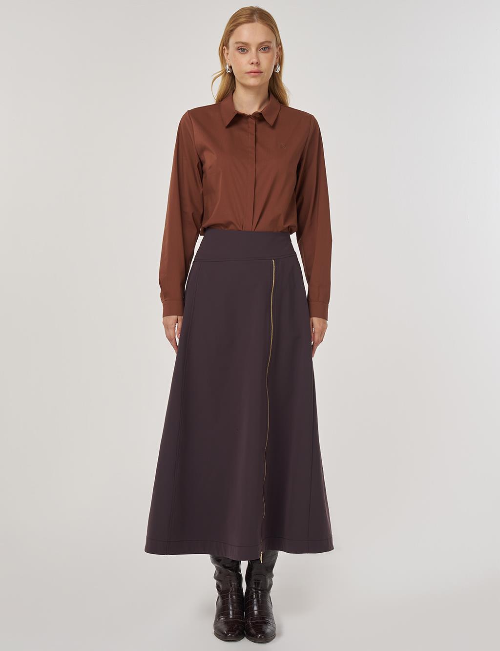 Fermuar Detaylı Çan Etek Koyu Kahve 