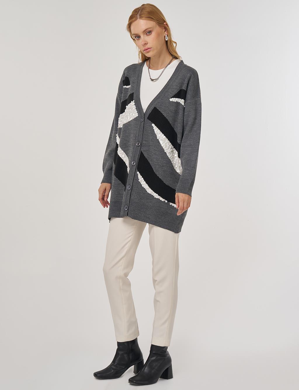 Color-Block Knit Cardigan Anthracite 