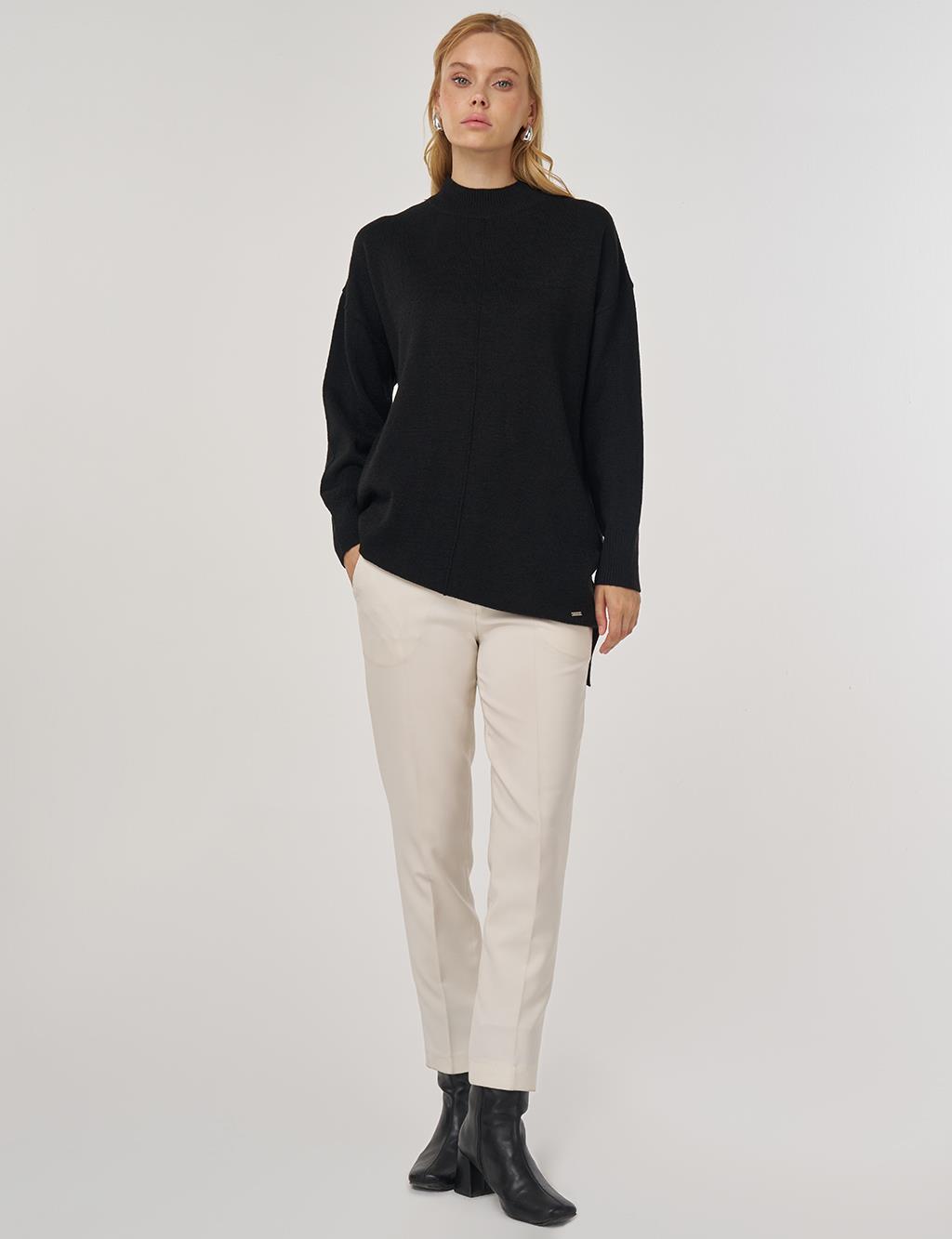 Dikiş Detaylı Triko Tunik Siyah