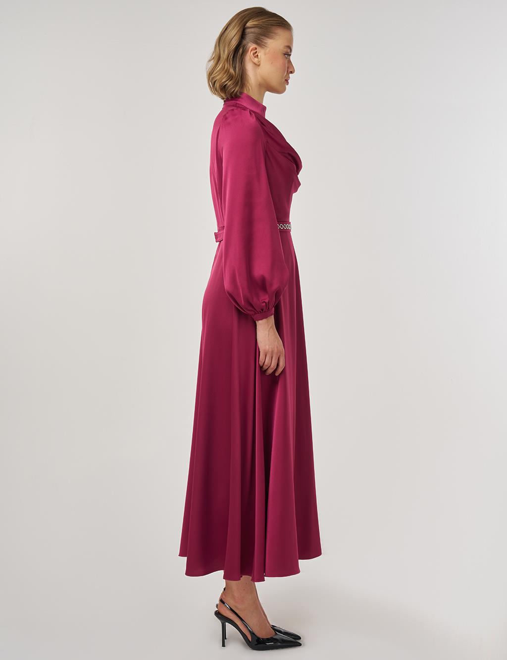 Drape Collar Satin Dress Cherry