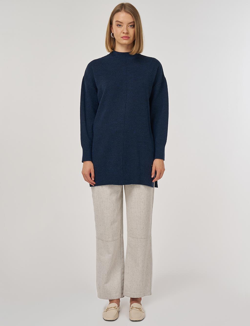 Dikiş Detaylı Triko Tunik Lacivert