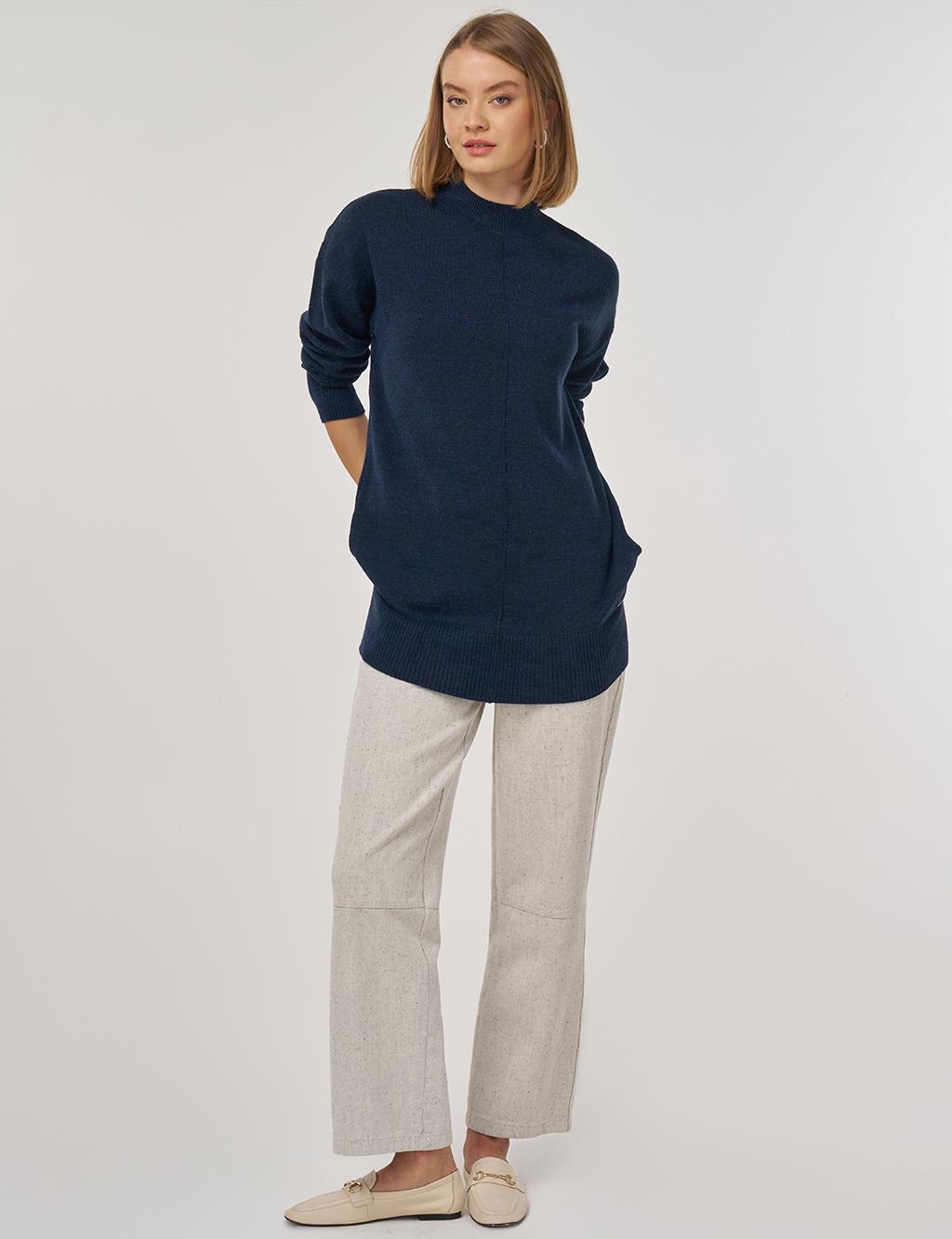 Dikiş Detaylı Triko Tunik Lacivert