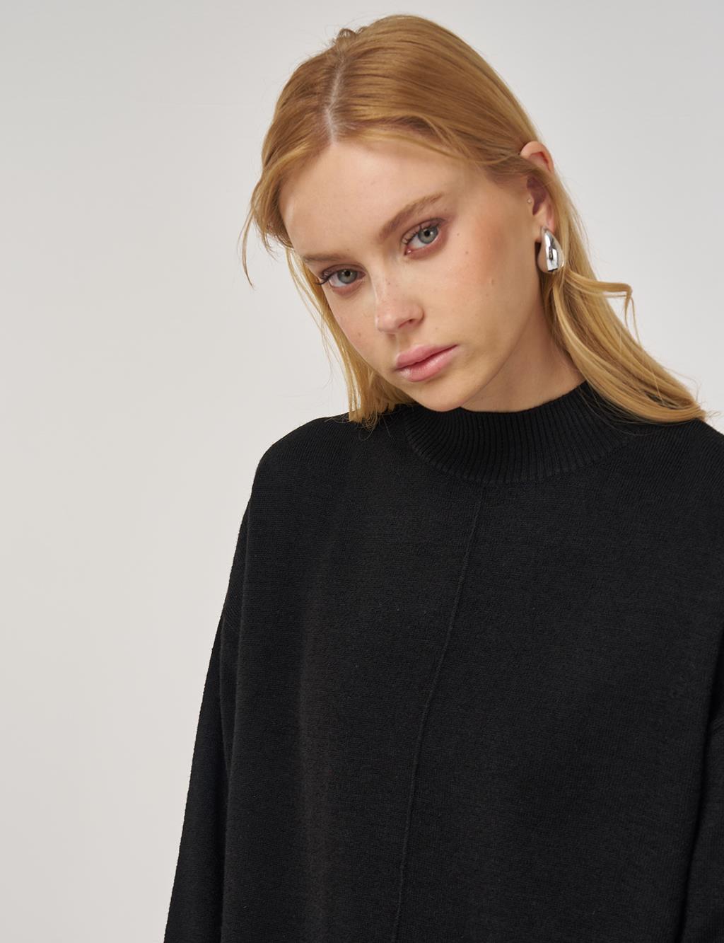 Dikiş Detaylı Triko Tunik Siyah