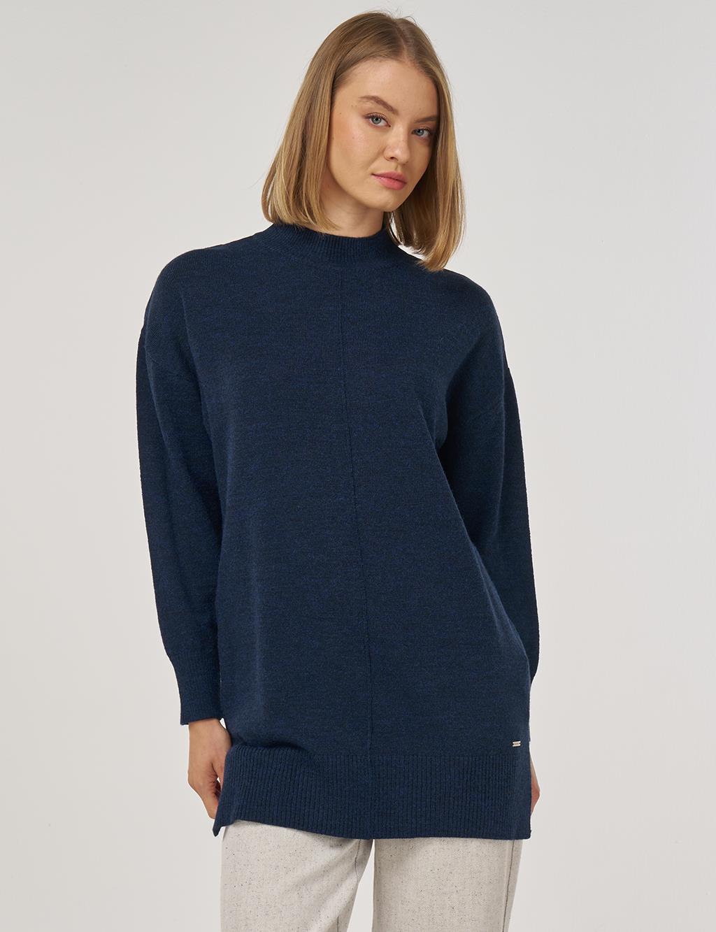 Dikiş Detaylı Triko Tunik Lacivert