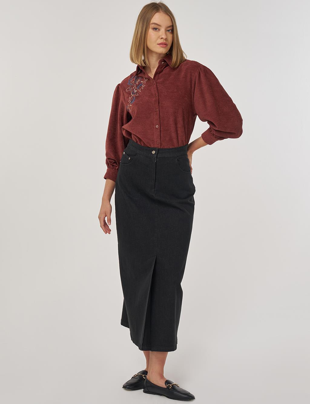 Slit Detailed Denim Skirt Black