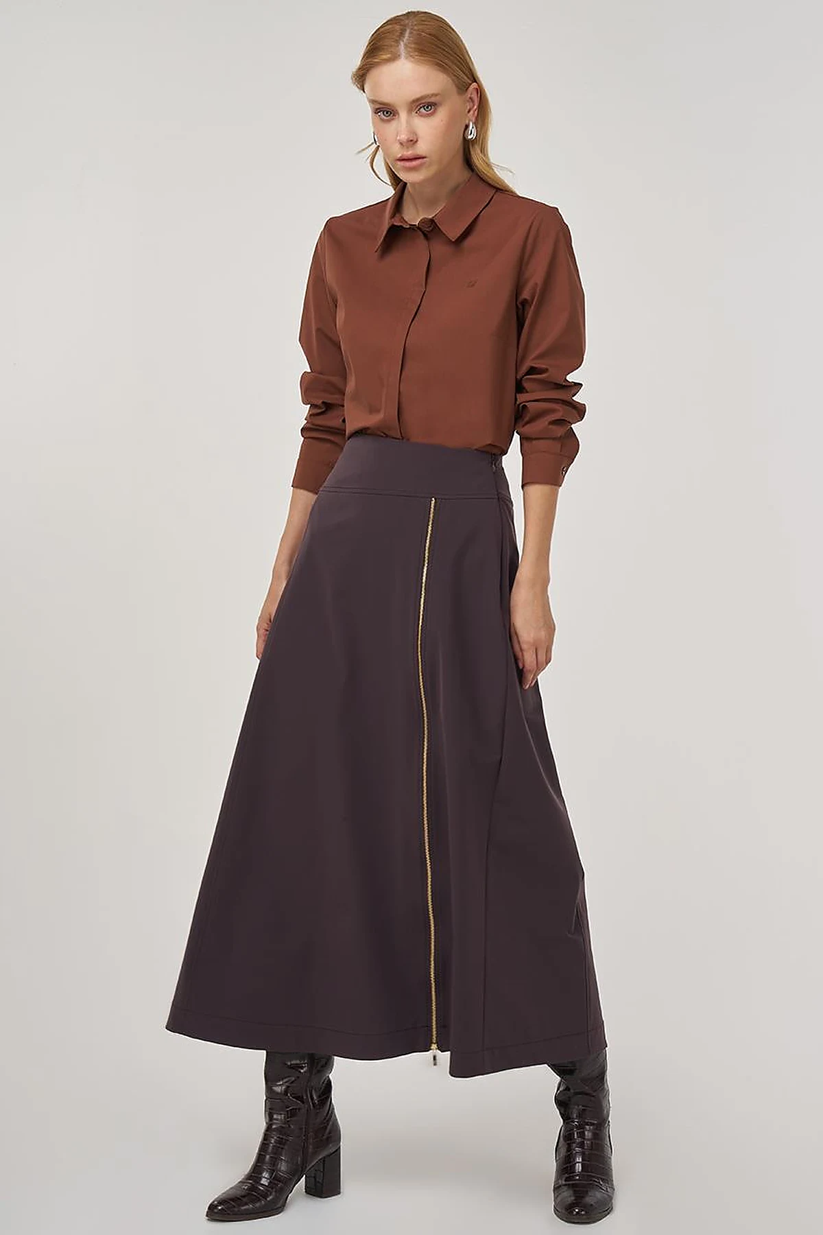 Zipper Detailed Bell-Skirt Dark Brown
