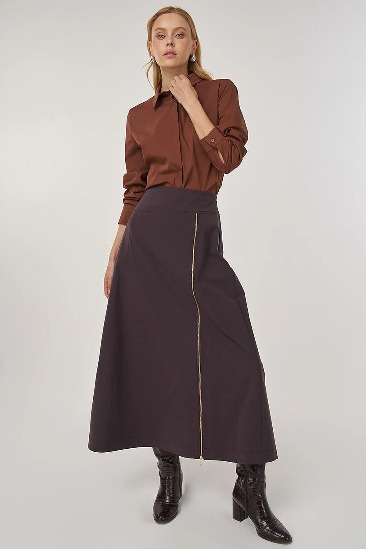 Zipper Detailed Bell-Skirt Dark Brown