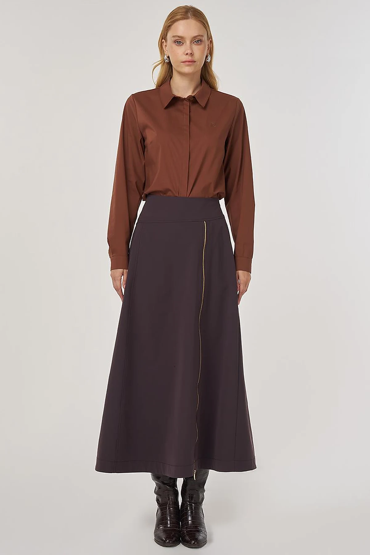Zipper Detailed Bell-Skirt Dark Brown
