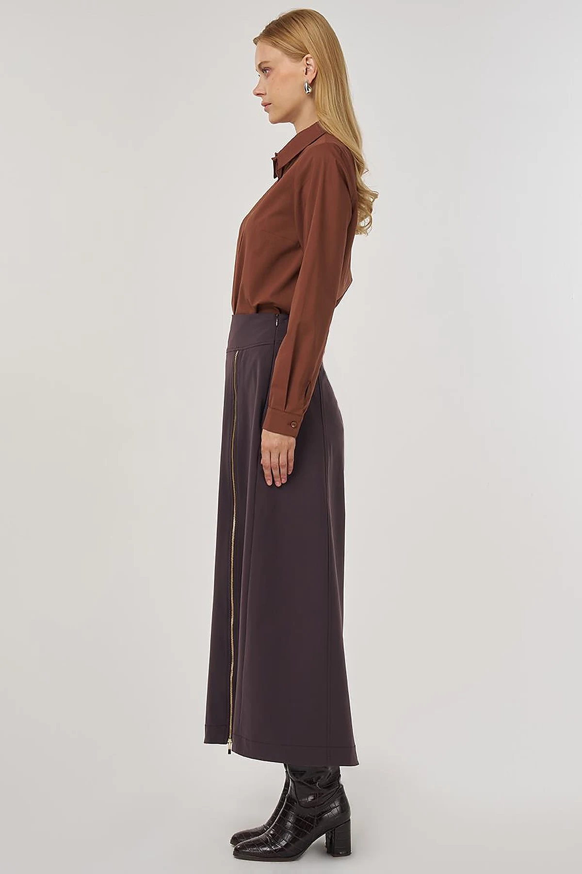 Zipper Detailed Bell-Skirt Dark Brown
