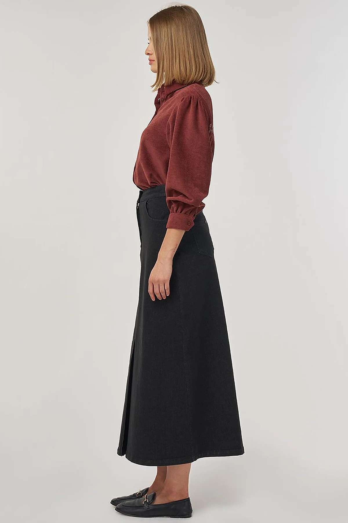 Slit Detailed Denim Skirt Black