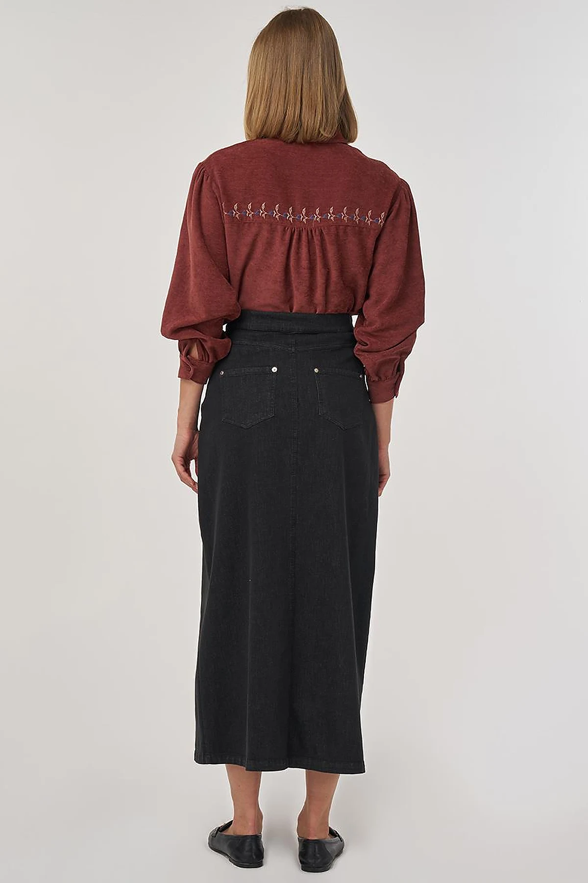 Slit Detailed Denim Skirt Black