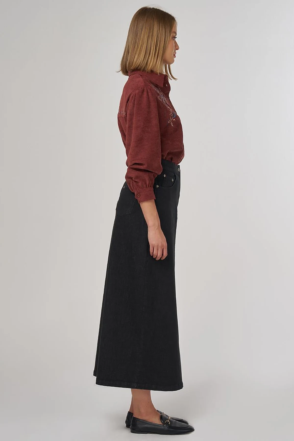 Slit Detailed Denim Skirt Black